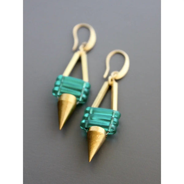 Geometric Green Glass and Brass Spike Earrings