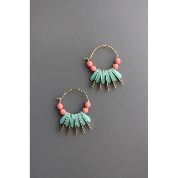 Turquoise and Coral Glass Small Hoop Earrings